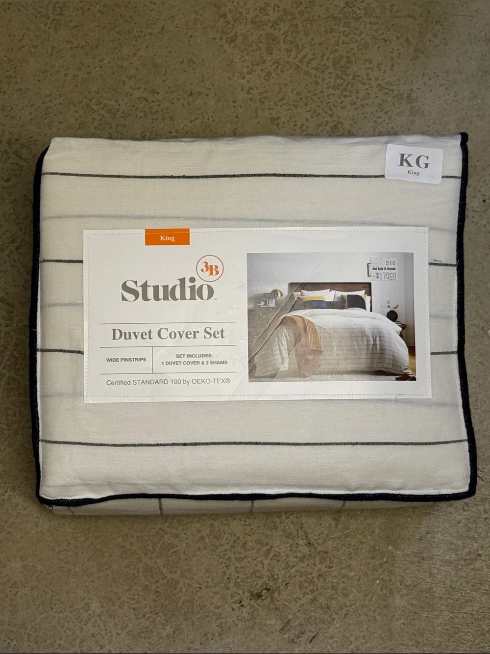 Studio 3B Linen Blend Wide Pinstripe 3 Piece Duvet Cover Set King Cream Navy